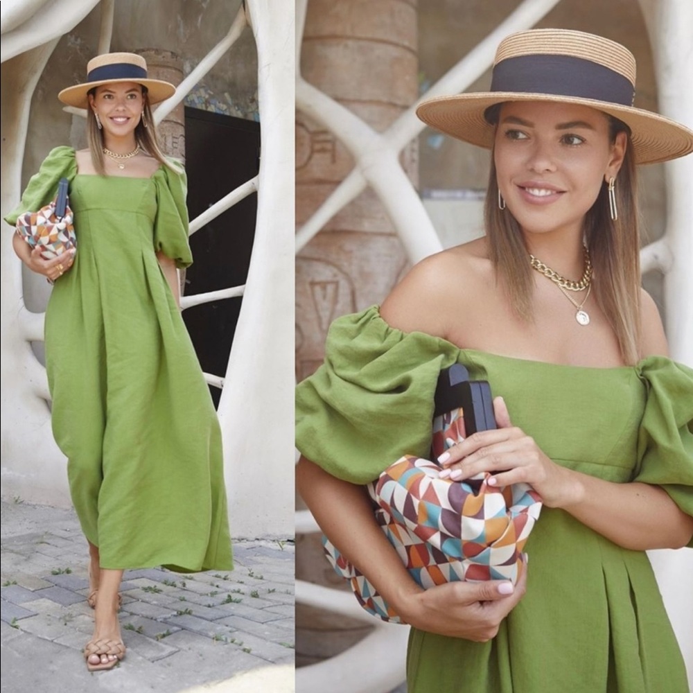 Zara Green Off-Shoulder Puff-Sleeve Midi Dress